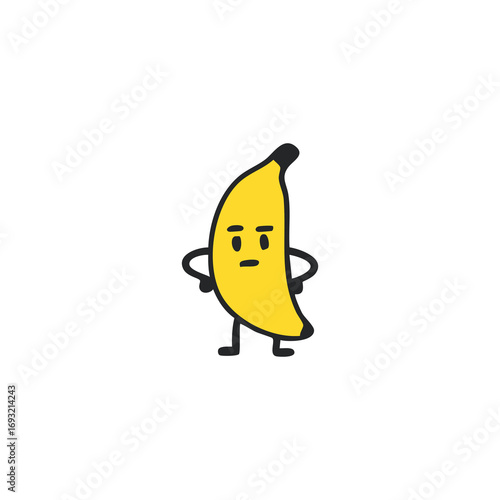 A cartoon banana with a neutral expression, hands on hips