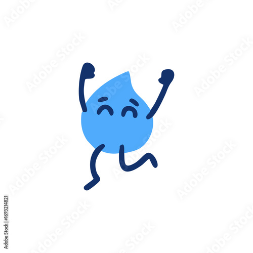 Cartoonish light-blue teardrop character with sad eyes, arms raised, and simple legs, running
