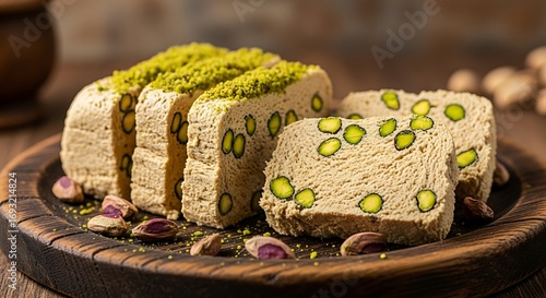 Sliced Pistachio Halva on a Rustic Wooden Tray.