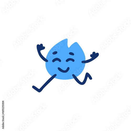 Blue cartoon character, shaped like a stylized water droplet or leaf, with a happy expression and arms raised in a joyful pose