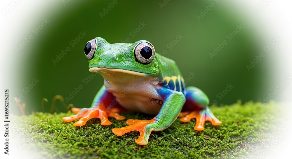 Obraz premium Colorful Poison Dart Frog Sitting on Green Moss in Natural Environment
