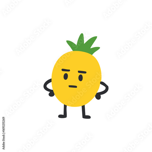 A cartoon pineapple with a neutral expression, hands on hips