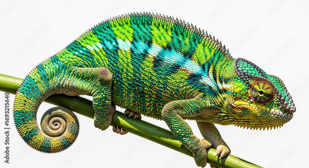 Obraz premium Colorful Chameleon on Green Branch Closeup in Bright Lighting