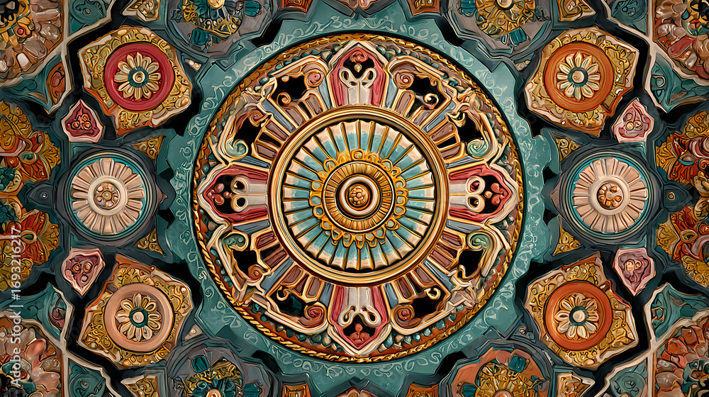 Fototapeta premium Intricate circular ceiling design with vibrant colors and detailed patterns