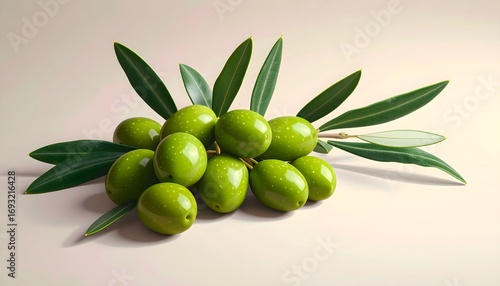 Wallpaper Mural Racimo de aceitunas verdes frescas con hojas de olivo sobre fondo neutro minimalista Torontodigital.ca