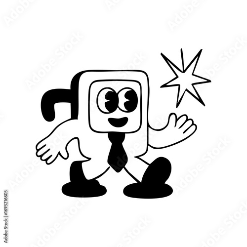 Black and white cartoon character, boxy shape, happy expression, waving, with a star