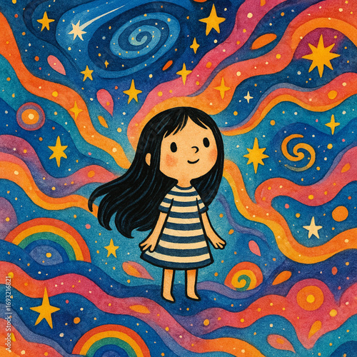 Whimsical Cartoon Girl Illustration in Colorful Cosmic Background with Stars Galaxies Rainbows Surreal Dreamlike Magical Scene