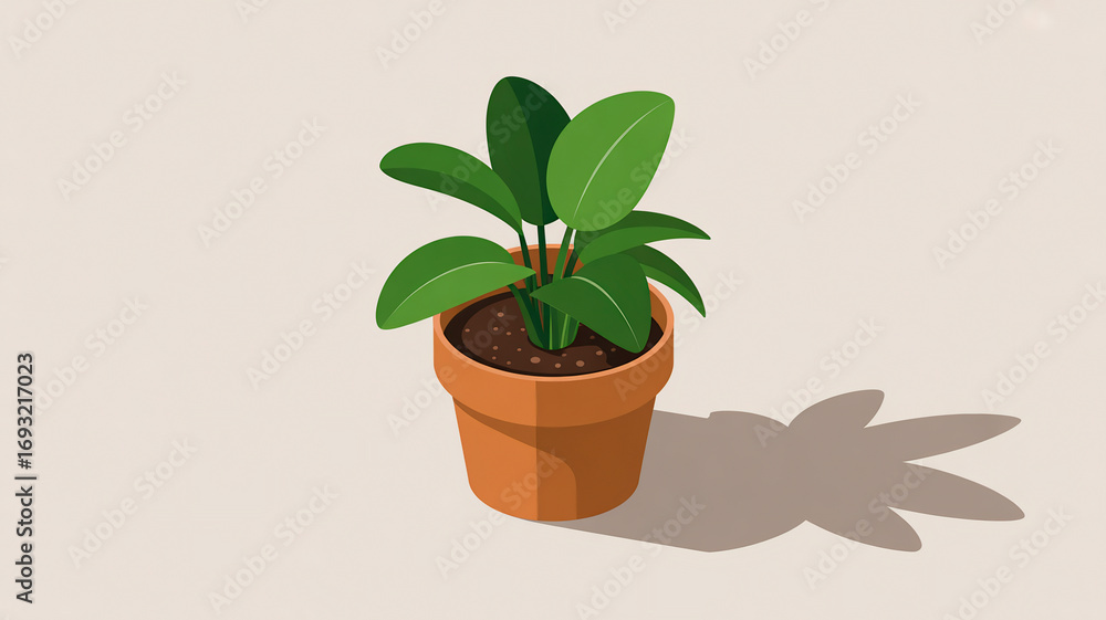 Fototapeta premium Potted green houseplant flat illustration with minimal shadow