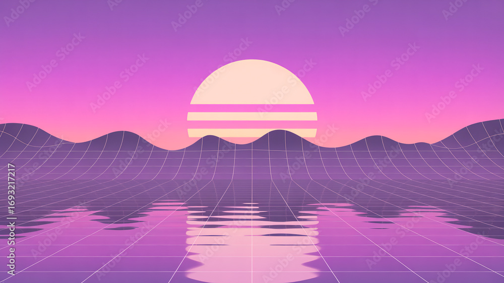 Obraz premium Retro vaporwave digital sunset landscape with glowing horizon and grid