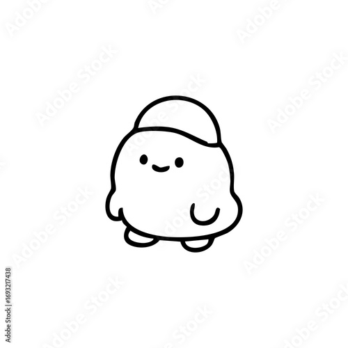Simple black line drawing of a cute, round, cartoon character with a small cap.  It has large, round eyes and a small, curved smile.  The character appears to be made of a blob-like substance