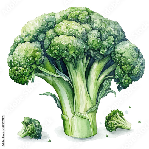 Broccoli, watercolor painting vector, isolated on a white background.