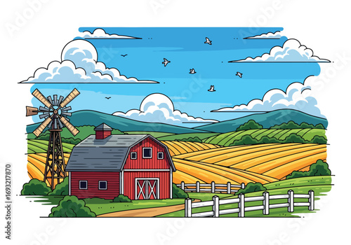 Flat style illustration of a red barn with a windmill, golden fields, mountains, and a bright sky, representing traditional farming, rural countryside, and sustainable agriculture