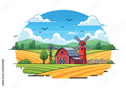 Flat style illustration of a red barn with a windmill, golden fields, mountains, and a bright sky, representing traditional farming, rural countryside, and sustainable agriculture