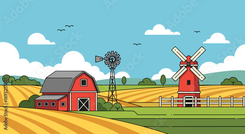 Flat style illustration of a red barn with a windmill, golden fields, mountains, and a bright sky, representing traditional farming, rural countryside, and sustainable agriculture
