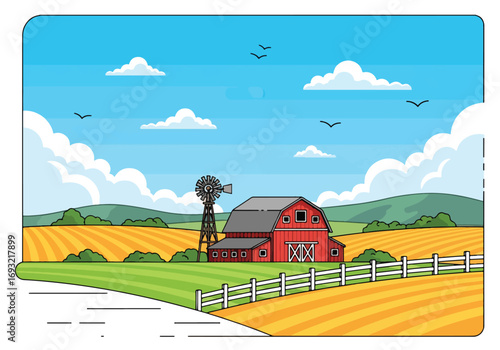 Flat style illustration of a red barn with a windmill, golden fields, mountains, and a bright sky, representing traditional farming, rural countryside, and sustainable agriculture