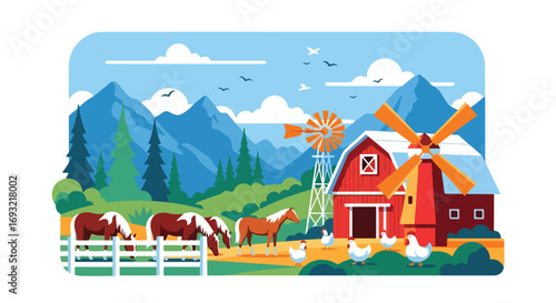 Flat style illustration of a red barn with horses, chickens, pine trees, mountains, and a windmill, symbolizing traditional farming, rural lifestyle, and sustainable countryside agriculture
