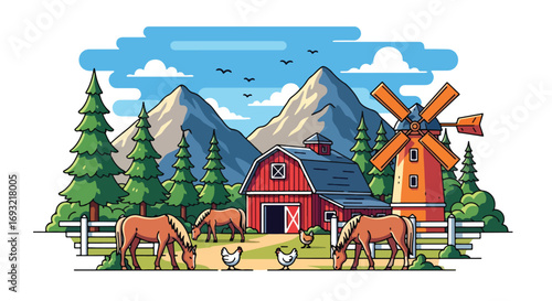Flat style illustration of a red barn with horses, chickens, pine trees, mountains, and a windmill, symbolizing traditional farming, rural lifestyle, and sustainable countryside agriculture