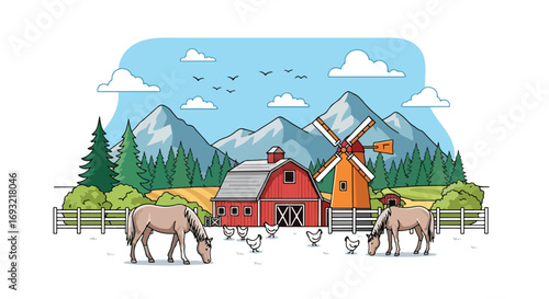 Flat style illustration of a red barn with horses, chickens, pine trees, mountains, and a windmill, symbolizing traditional farming, rural lifestyle, and sustainable countryside agriculture