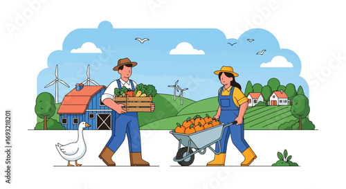 Flat style illustration of farmers carrying fresh vegetables and fruits on a sustainable farm with barn, wind turbines, and green fields, symbolizing organic farming and eco-friendly agriculture