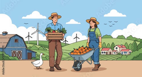Flat style illustration of farmers carrying fresh vegetables and fruits on a sustainable farm with barn, wind turbines, and green fields, symbolizing organic farming and eco-friendly agriculture