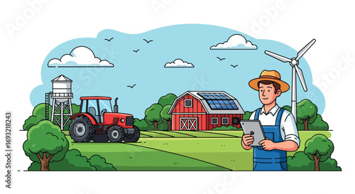 Flat style illustration of a farmer using a tablet on a modern farm with tractor, barn, solar panels, and wind turbines, representing smart farming, renewable energy, and sustainable agriculture