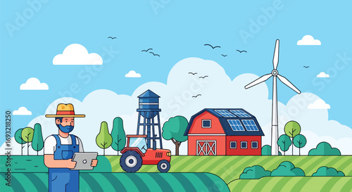 Flat style illustration of a farmer using a tablet on a modern farm with tractor, barn, solar panels, and wind turbines, representing smart farming, renewable energy, and sustainable agriculture