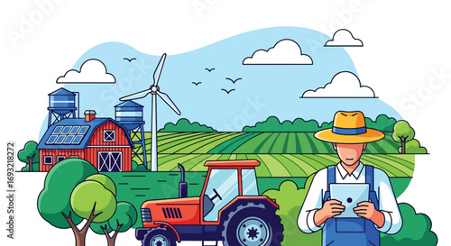 Flat style illustration of a farmer using a tablet on a modern farm with tractor, barn, solar panels, and wind turbines, representing smart farming, renewable energy, and sustainable agriculture