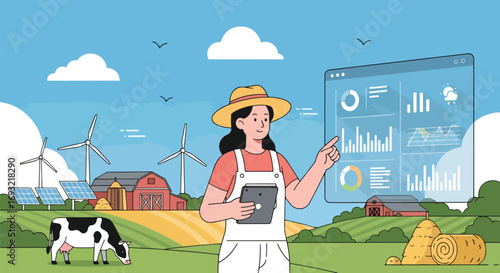 Flat style illustration of a farmer using digital data analytics for smart farming with wind turbines, solar panels, barns, and livestock, symbolizing sustainable agriculture and modern technology