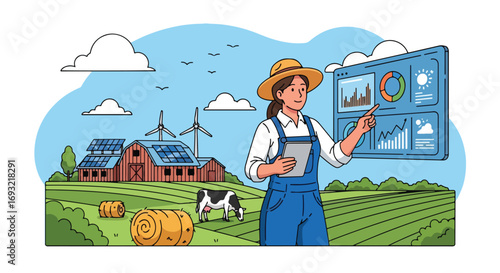 Flat style illustration of a farmer using digital data analytics for smart farming with wind turbines, solar panels, barns, and livestock, symbolizing sustainable agriculture and modern technology