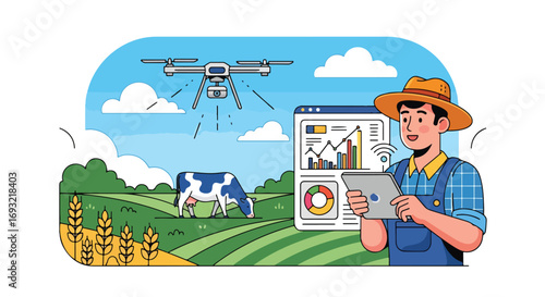 Flat style illustration of a farmer using a tablet and drone technology to monitor crops and livestock, symbolizing smart farming, innovation, and sustainable agriculture