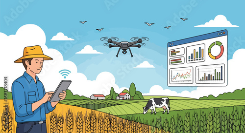 Flat style illustration of a farmer using a tablet and drone technology to monitor crops and livestock, symbolizing smart farming, innovation, and sustainable agriculture