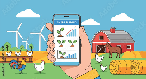 Flat style illustration of smart farming technology with a mobile app monitoring crops on a farm with wind turbines, chickens, and barn, symbolizing modern agriculture and sustainability