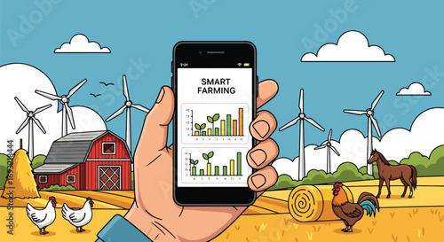 Flat style illustration of smart farming technology with a mobile app monitoring crops on a farm with wind turbines, chickens, and barn, symbolizing modern agriculture and sustainability