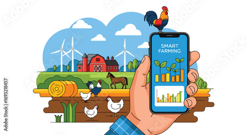 Flat style illustration of smart farming technology with a mobile app monitoring crops on a farm with wind turbines, chickens, and barn, symbolizing modern agriculture and sustainability