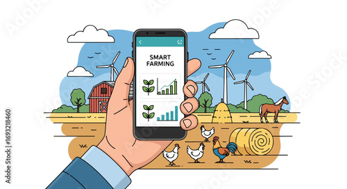 Flat style illustration of smart farming technology with a mobile app monitoring crops on a farm with wind turbines, chickens, and barn, symbolizing modern agriculture and sustainability