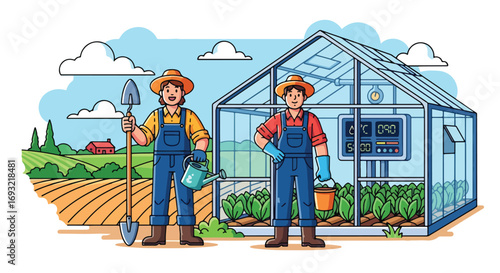 Flat style illustration of farmers working in a greenhouse with modern monitoring system, symbolizing smart farming, sustainability, agriculture technology, and eco-friendly food production