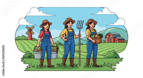 Flat style illustration of women farmers carrying fresh vegetables on a farm with barns and windmills, symbolizing agriculture, organic produce, sustainability, and rural lifestyle