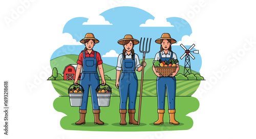 Flat style illustration of women farmers carrying fresh vegetables on a farm with barns and windmills, symbolizing agriculture, organic produce, sustainability, and rural lifestyle