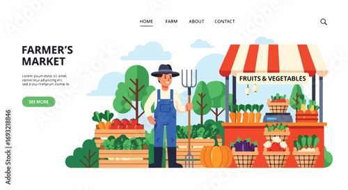 Flat style illustration of a farmer’s market landing page website banner with fresh fruits, vegetables, and a farmer holding a pitchfork, symbolizing healthy food, and local farming