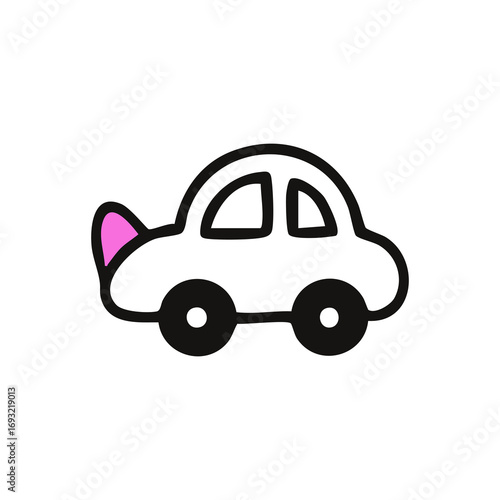 Simple black outline drawing of a white car with a pink taillight