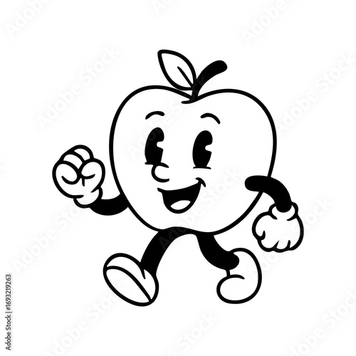 Cartoon apple with simple limbs and a happy expression in a retro style
