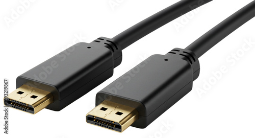 Closeup of a black hdmi cable with goldplated connectors, isolated on a transparent background