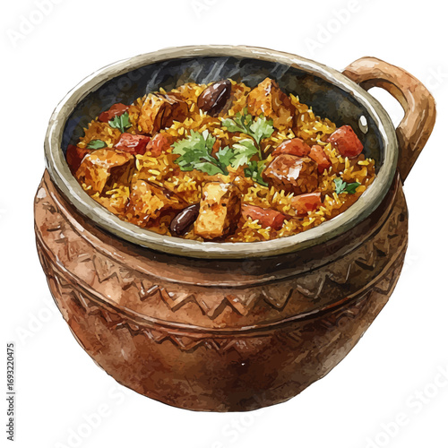 Biryani, watercolor vector, isolated on a white background.