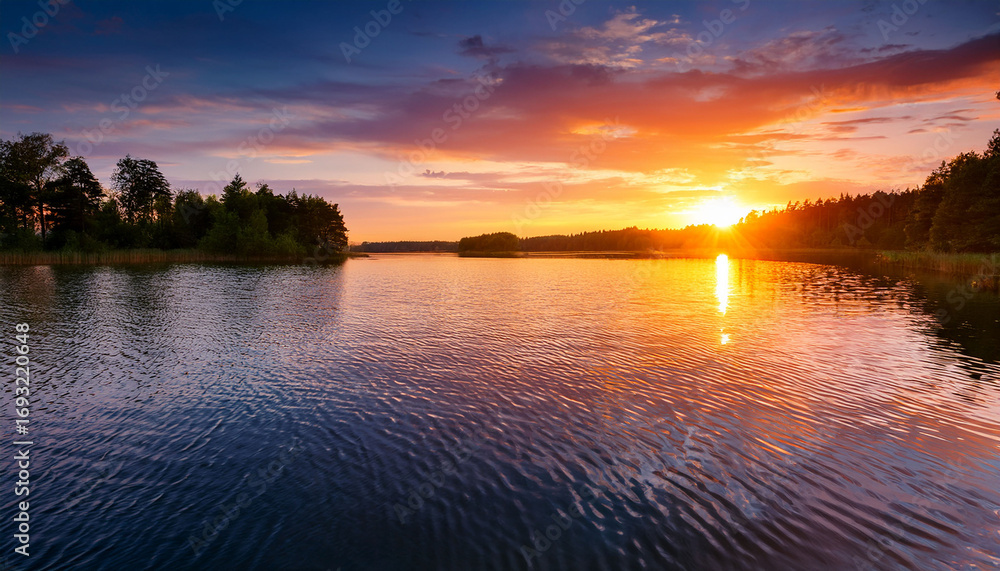 Fototapeta premium A Serene Sunset Over A Tranquil Lake With Gentle Waves Creating A Peaceful Atmosphere For Reflection And Relaxation 8K Realistic Full Ultra Hd High Resolution And Cinematic Photography