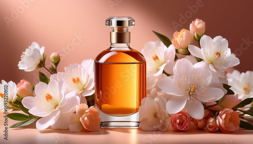 Wallpaper Mural In A Serene Floral Arrangement Soft Peach And White Blossoms Elegantly Encircle A Sleek Bottle Containing A Rich Amber Liquid Torontodigital.ca