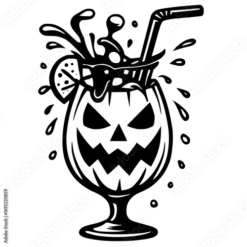 Spooky Halloween Cocktail with Jack-o-Lantern Face Illustration, Isolated
