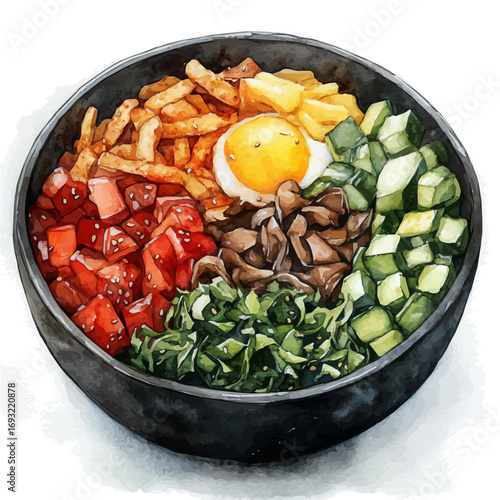 Bibimbap, watercolor painting vector, isolated on a white background.