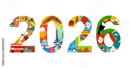 2026 New Year poster with famous world travel destinations