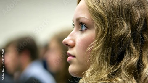Young Woman Listening Attentively at Conference with Focused Expression and Curly Hair