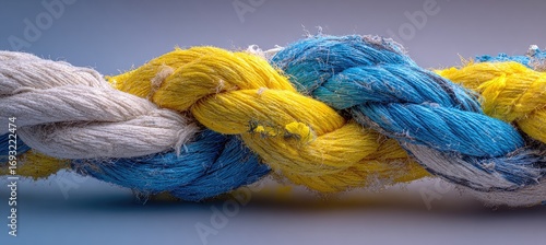 Close-up of a braided rope with yellow, blue, and white strands
